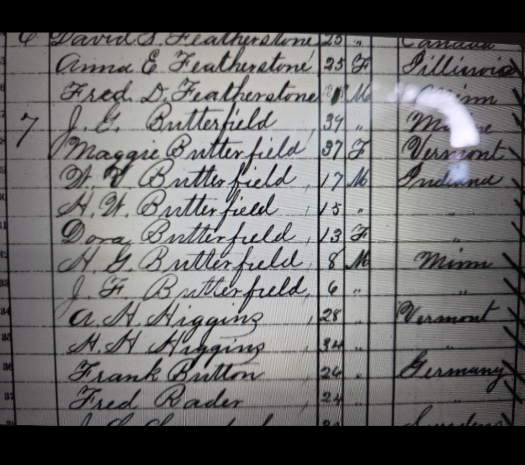 Historic census record listing members of the Butterfield family