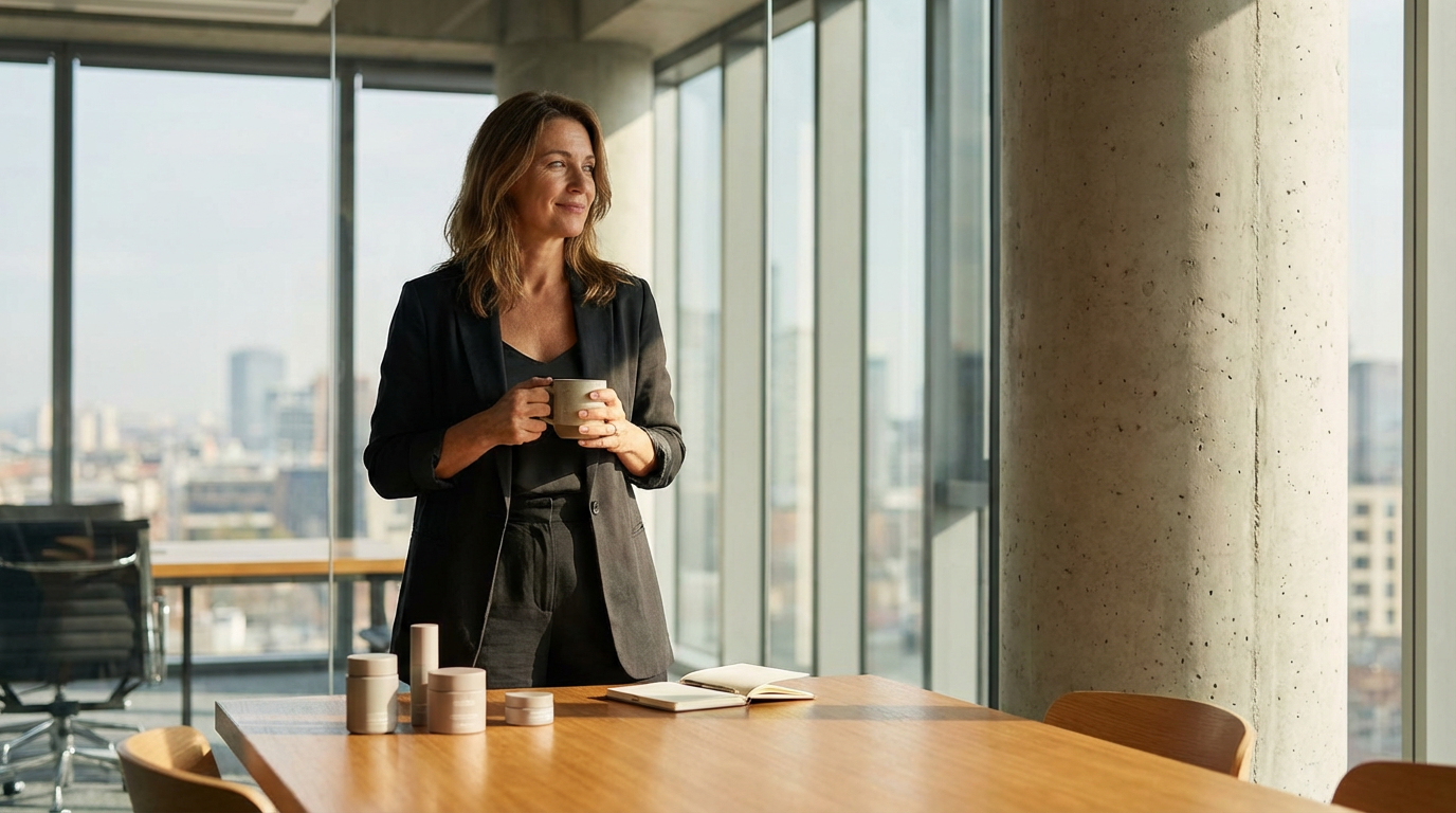 A woman in a black blazer holding a mug, standing at a conference table in a modern office with large windows overlooking a cityscape.