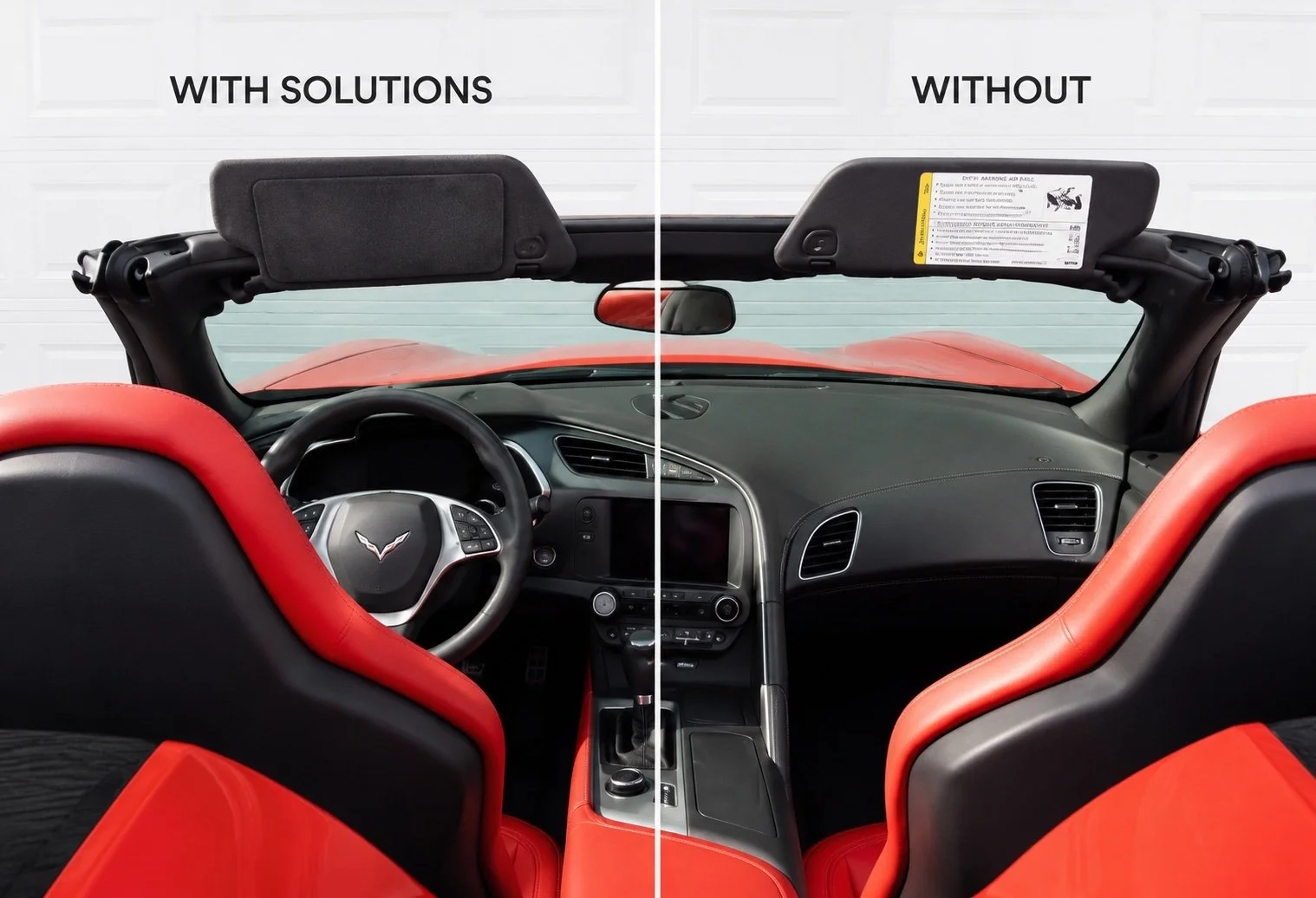 Before-and-after car interior comparison showing red and black seats, dashboard, steering wheel, and sun visors.