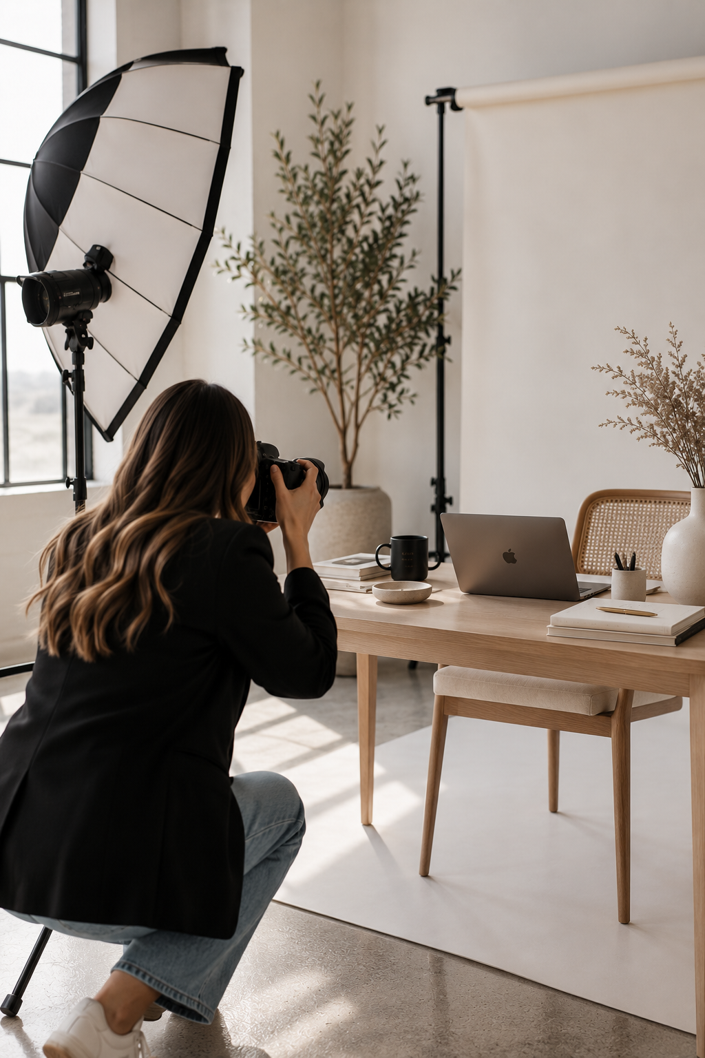 Photographer setting up for a photo shoot in a bright studio with a large window, a white backdrop, a wooden table with a laptop, books, a mug, a tray, and decorative plants, using soft lighting equipment.