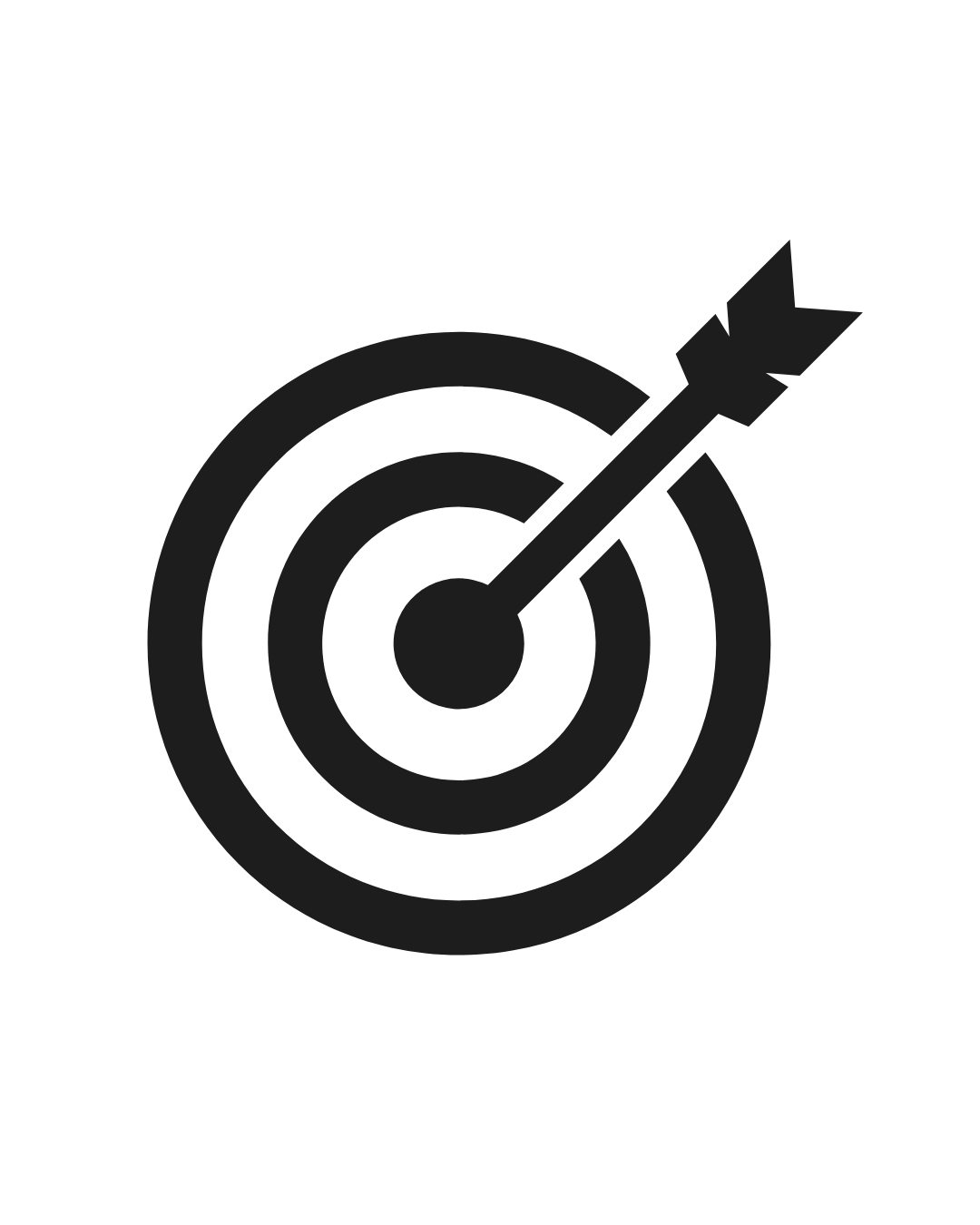 Black background with a white radar target symbol and an arrow hitting the center.