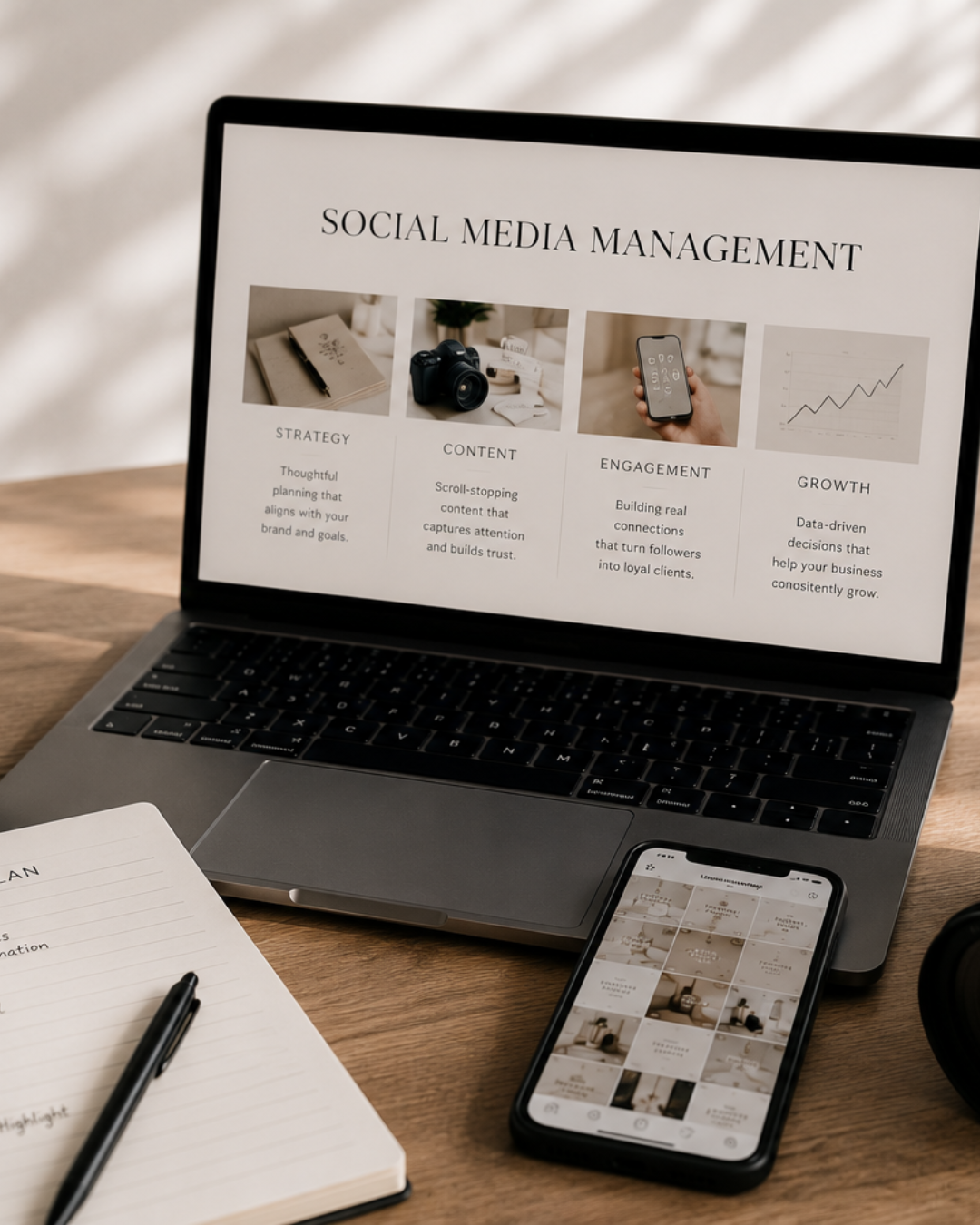 Laptop displaying a social media management infographic with sections on strategy, content, engagement, and growth, placed on a wooden desk alongside a smartphone, a notebook with a pen, and headphones.