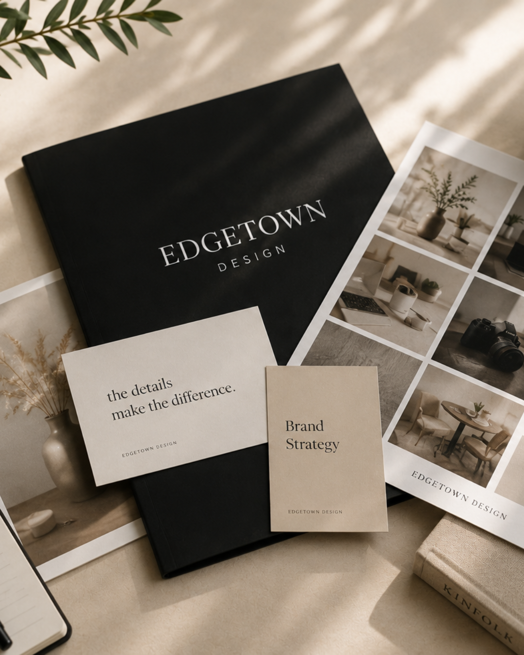 Black folder labeled 'Edgetown Design' surrounded by design brochures, a small paper titled 'the details make the difference', and another titled 'Brand Strategy'. A potted plant and a closed book are also in the scene.