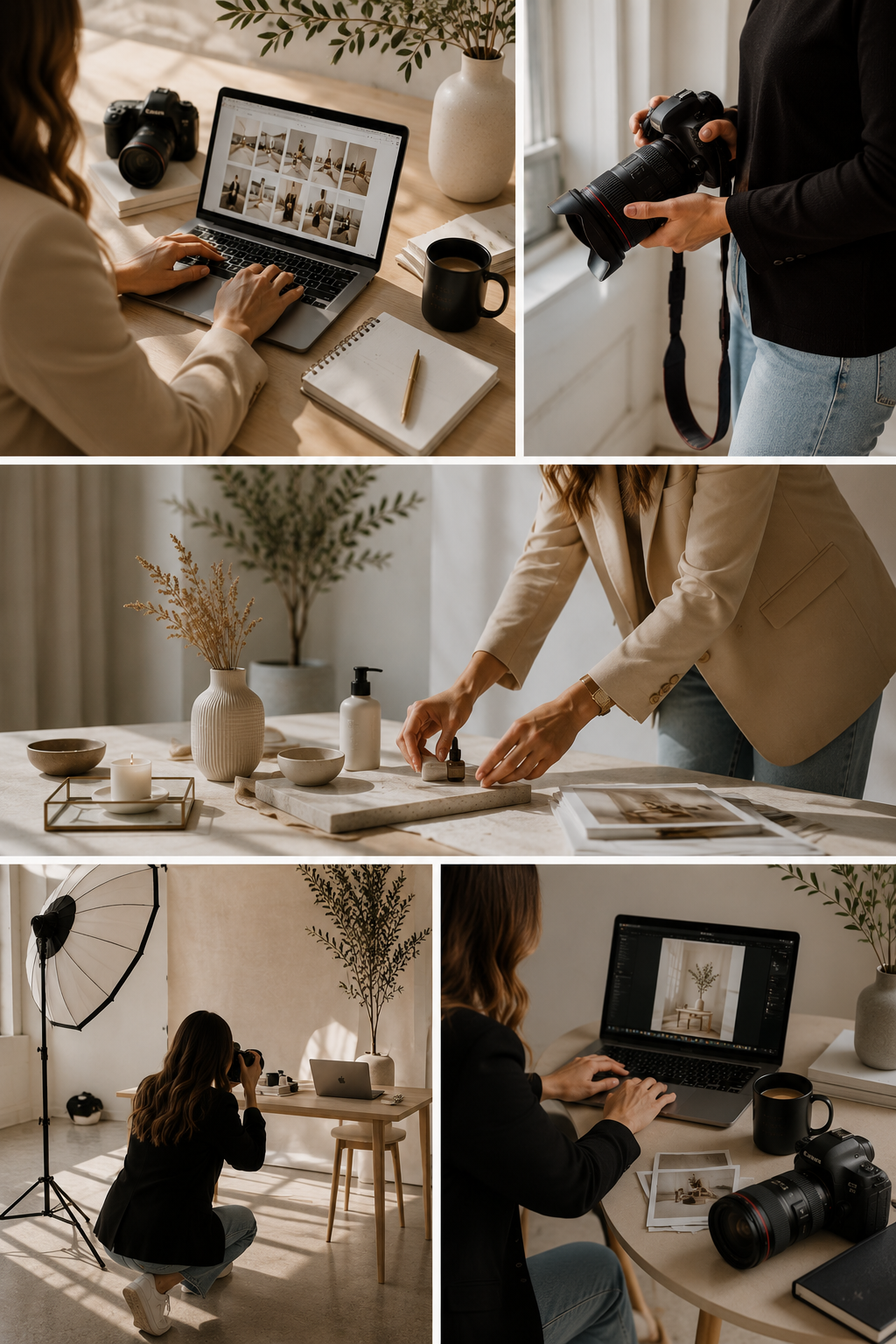 A photographer and a woman working on a photoshoot and editing photos in a studio.