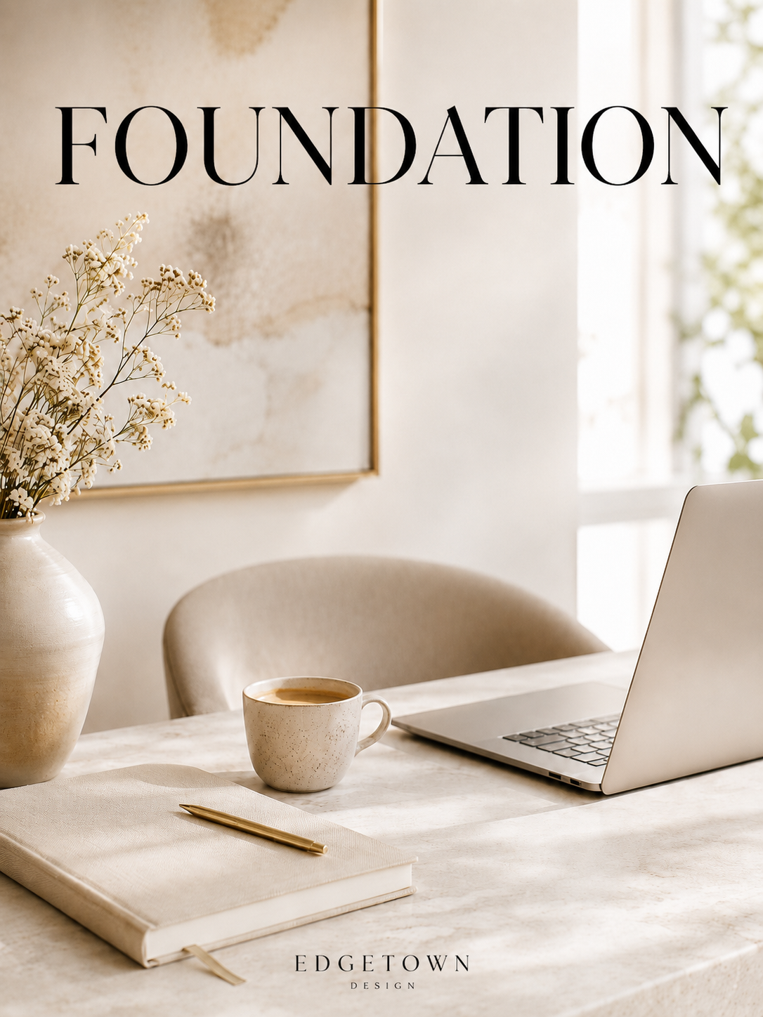 A minimalist workspace with a beige vase of white flowers, a ceramic coffee mug filled with coffee, a closed notebook with a gold pen on top, a silver laptop, a beige chair, and a large abstract artwork on the wall in a bright room with natural light.