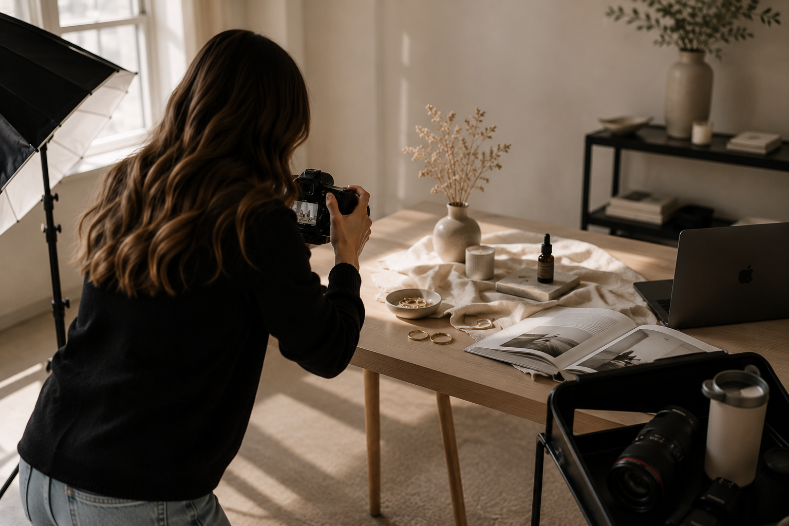 A woman with wavy brown hair, wearing a black sweater, is taking a photo of a table setup with a camera.