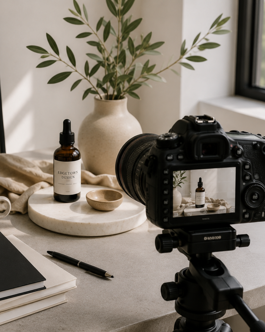 A camera on a tripod capturing a still life arrangement with a potted plant, a dropper bottle labeled 'Edgtown Design,' a small bowl, a notebook, and a pen, on a neutral-colored desk near a window.