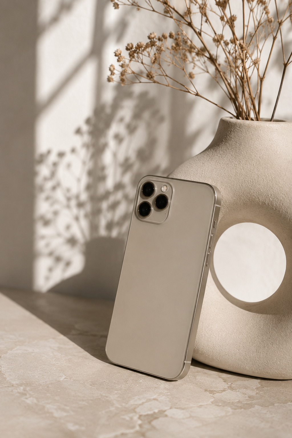A white smartphone with three camera lenses is leaning against a textured white ceramic vase with a hole in the center, containing dried beige flowers, on a beige stone surface. Shadows of the flowers are cast on the wall behind.