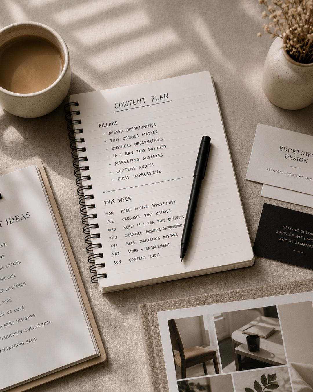 Open notebook with a content plan and a black pen, surrounded by a cup of coffee, business cards, and printed documents on a beige surface with sunlight.
