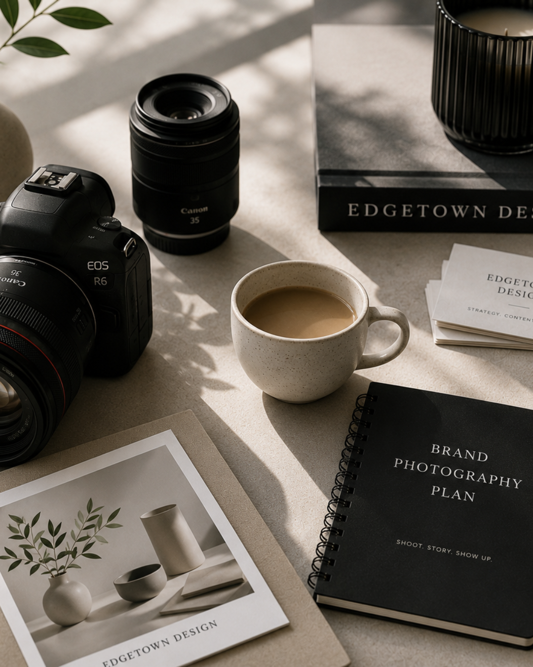 A DSLR camera, a camera lens, a mug of coffee, a book titled "EDGETOWN DESIGN," a black spiral notebook titled "BRAND PHOTOGRAPHY PLAN," a printed design catalog, a black pot with a candle, and some papers are arranged on a light-colored table with sunlight and shadows.