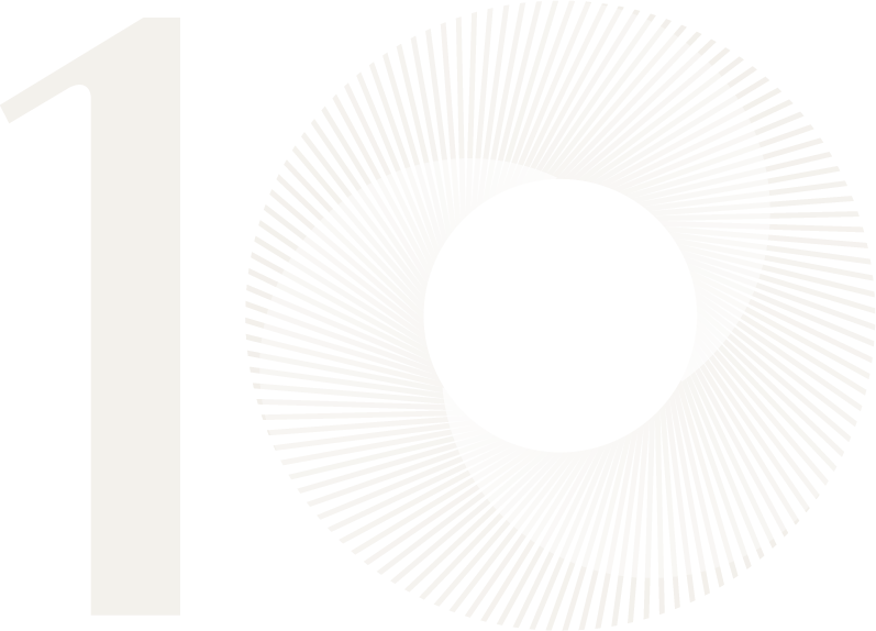 Graphic design celebrating the number ten, with a large gray number 10 and a circular pattern of white lines on a black background.
