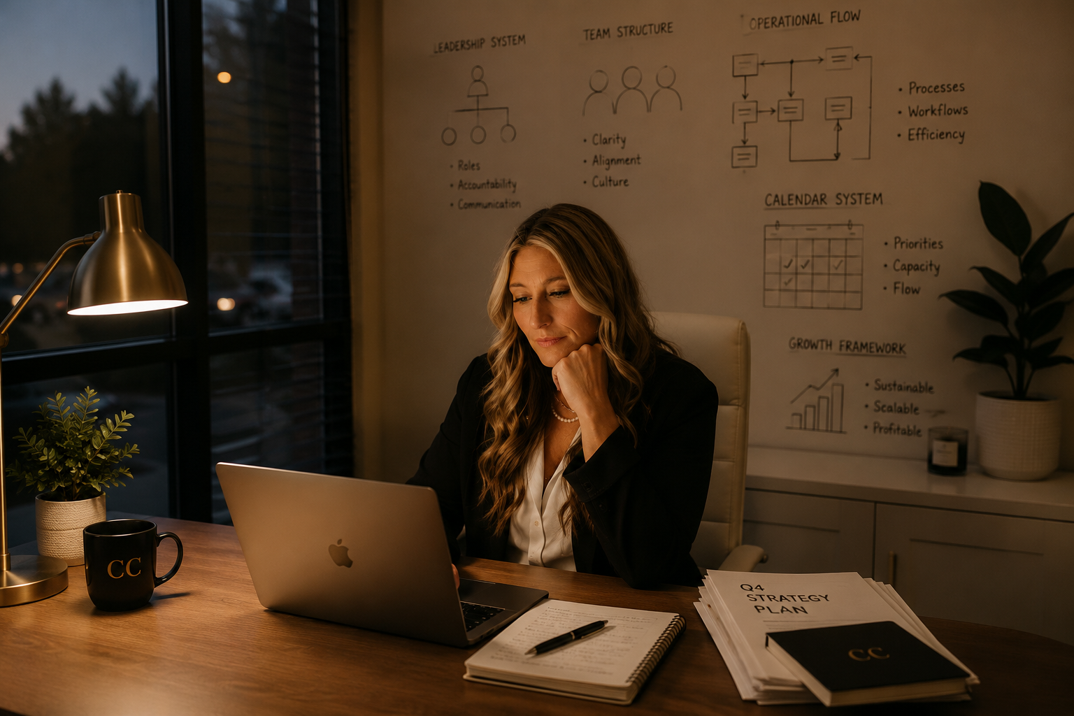A woman sitting at a desk working on a laptop in a dimly lit office, with a whiteboard in the background displaying organizational charts and planning diagrams, and documents labeled 'Q4 Strategy Plan' and notebooks in front of her.
