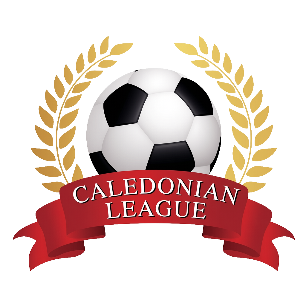 A logo with a soccer ball in the center, surrounded by a golden laurel wreath and a red ribbon banner that reads 'Caledonian League'.