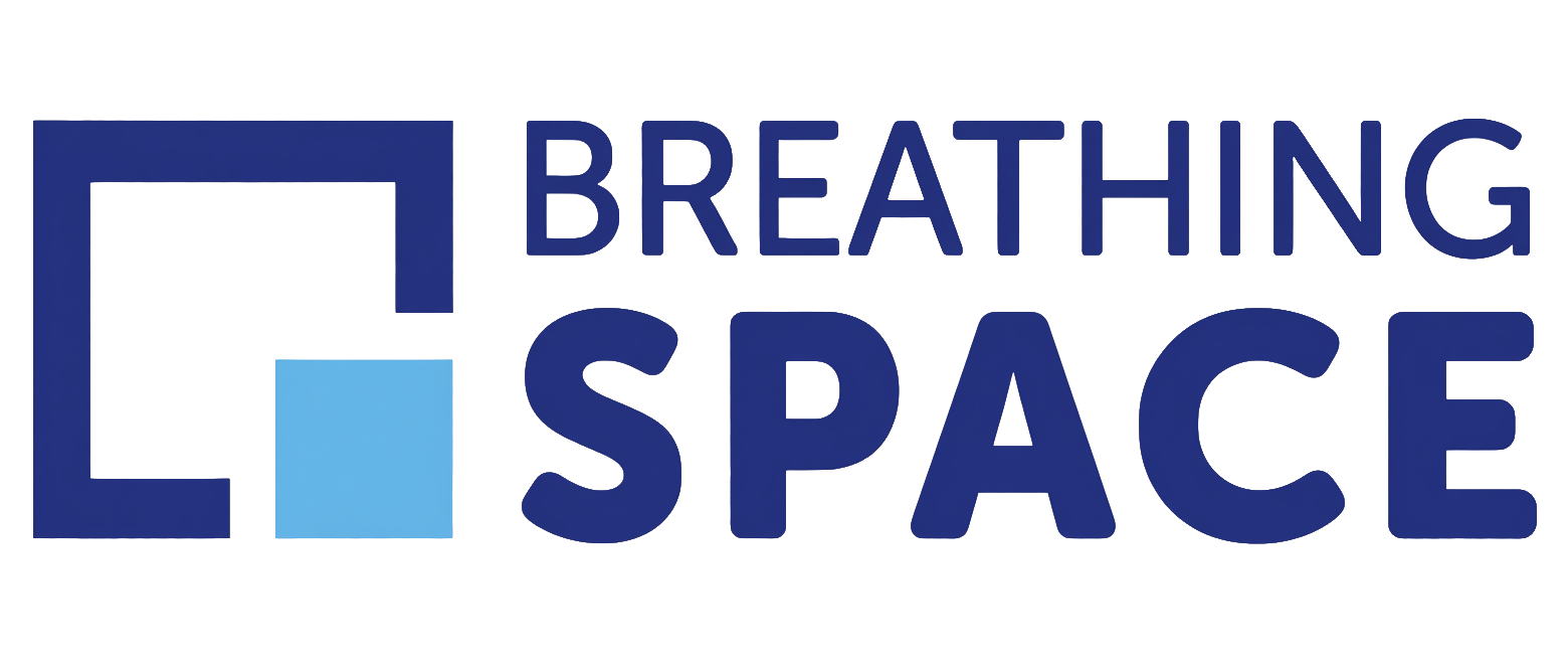 Graphic design with the words 'BREATHE SPACE' in large blue text, with three blue squares of varying shades on the left side.