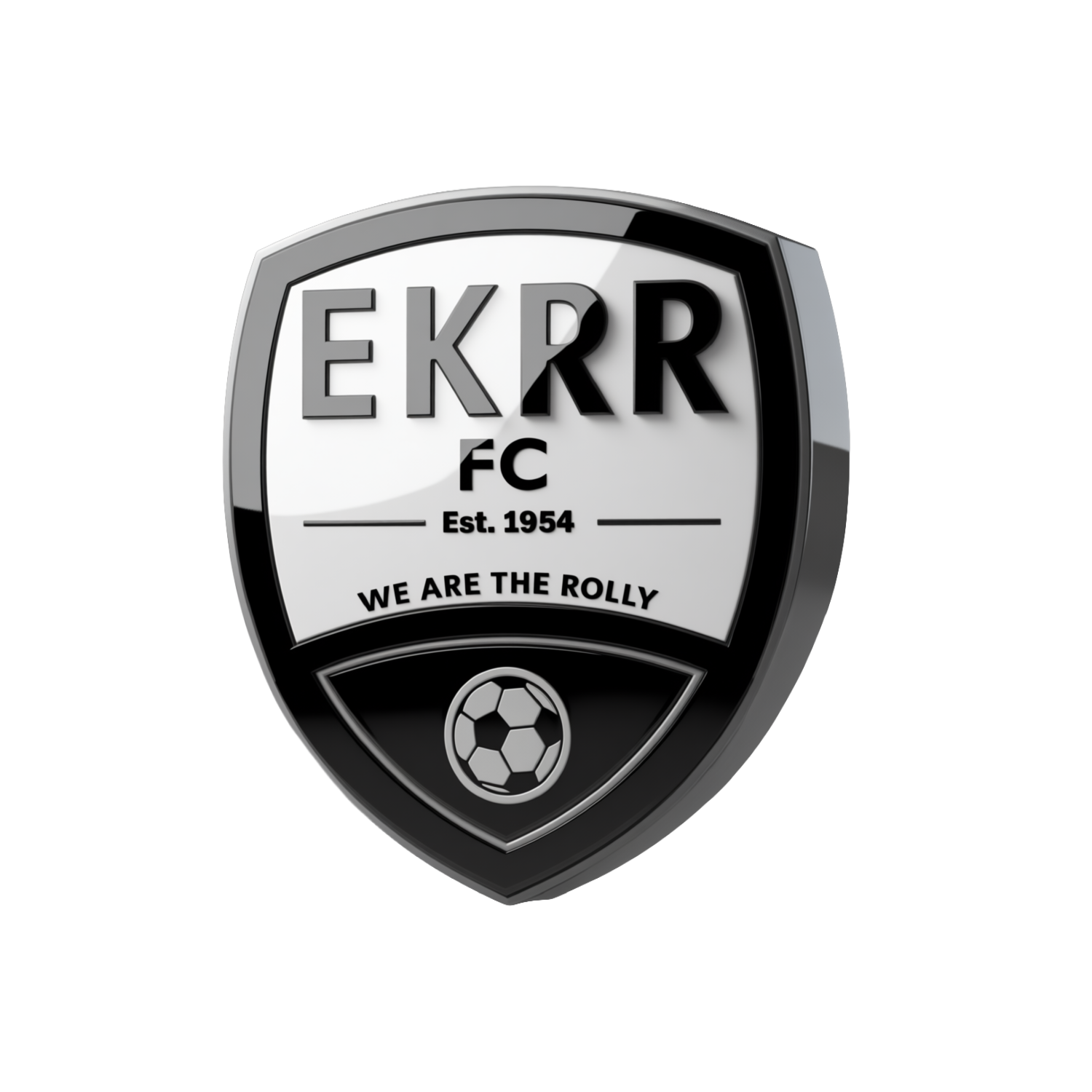 A soccer club badge for EKRR FC, established in 1954, featuring a soccer ball at the bottom and the slogan 'We Are The Rolly' at the top.