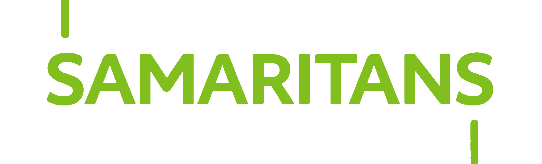 Logo with the text 'Samaritans' in green, featuring a green vertical line on the left and a green vertical line on the right.