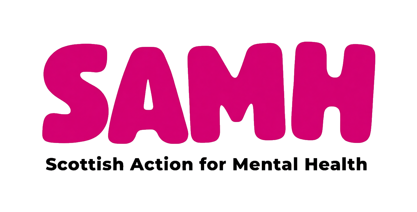 Logo of SAMH, Scottish Action for Mental Health, with large pink letters and black subtitle