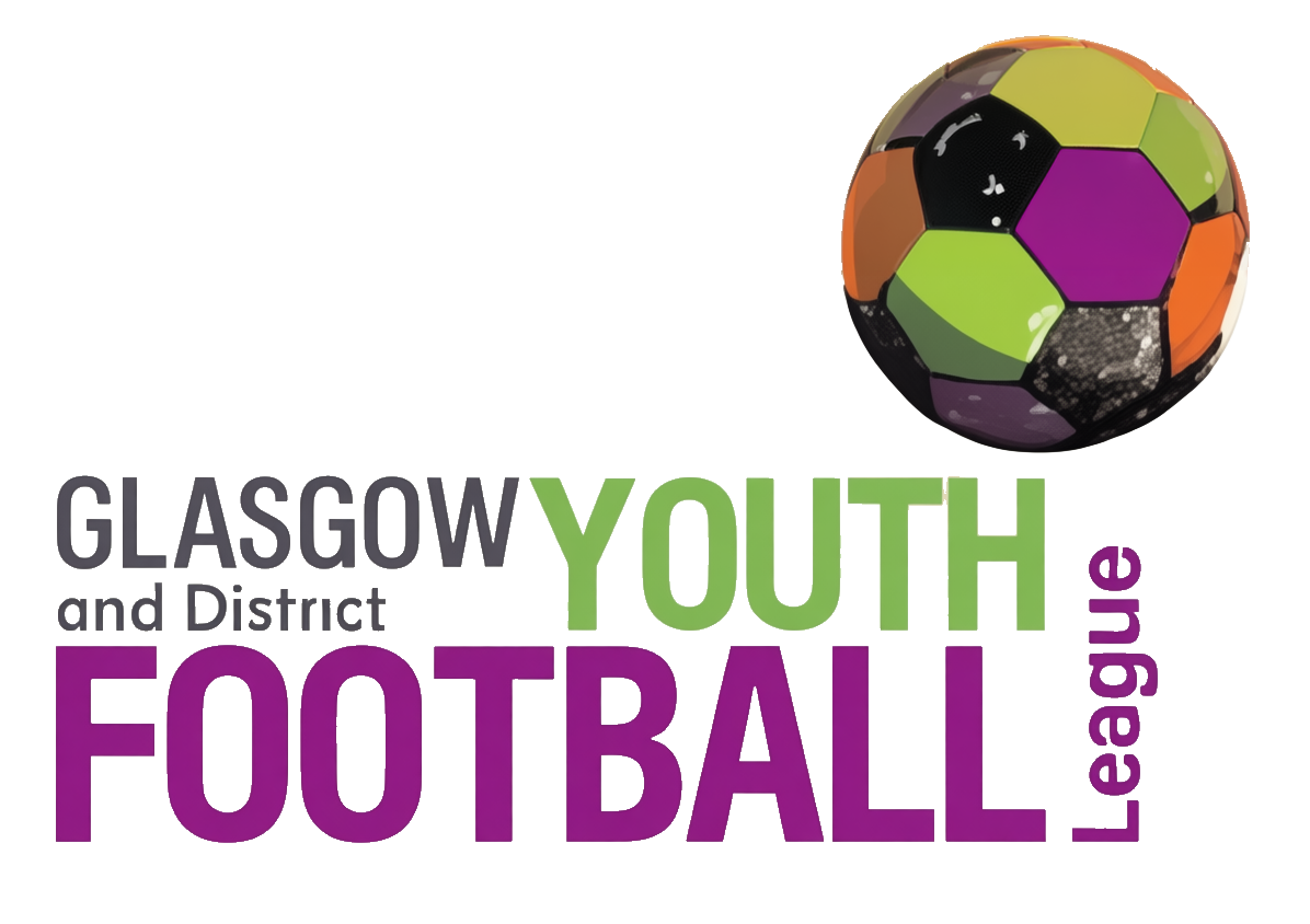 Graphic with colored text reading 'Glasgow and District Youth Football League' and a multicolored soccer ball at the top right.
