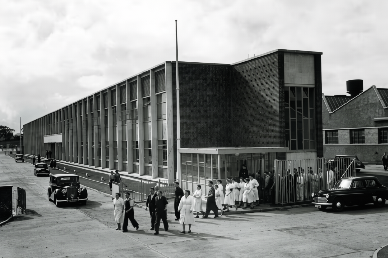 Black and white photograph of a mid-20th-century hospital with cars parked outside and people, including nurses and patients, entering and leaving the building.