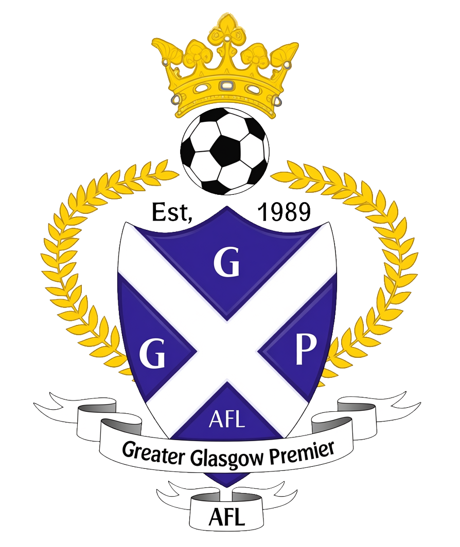 Logo of Greater Glasgow Premier football team featuring a shield with a large white 'X' on a blue background, a top letter 'G', bottom letter 'P', and the text 'AFL' at the bottom. A gold crown at the top, a black and white soccer ball below it, and gold laurel branches surround the shield. A banner at the bottom reads 'Greater Glasgow Premier'.