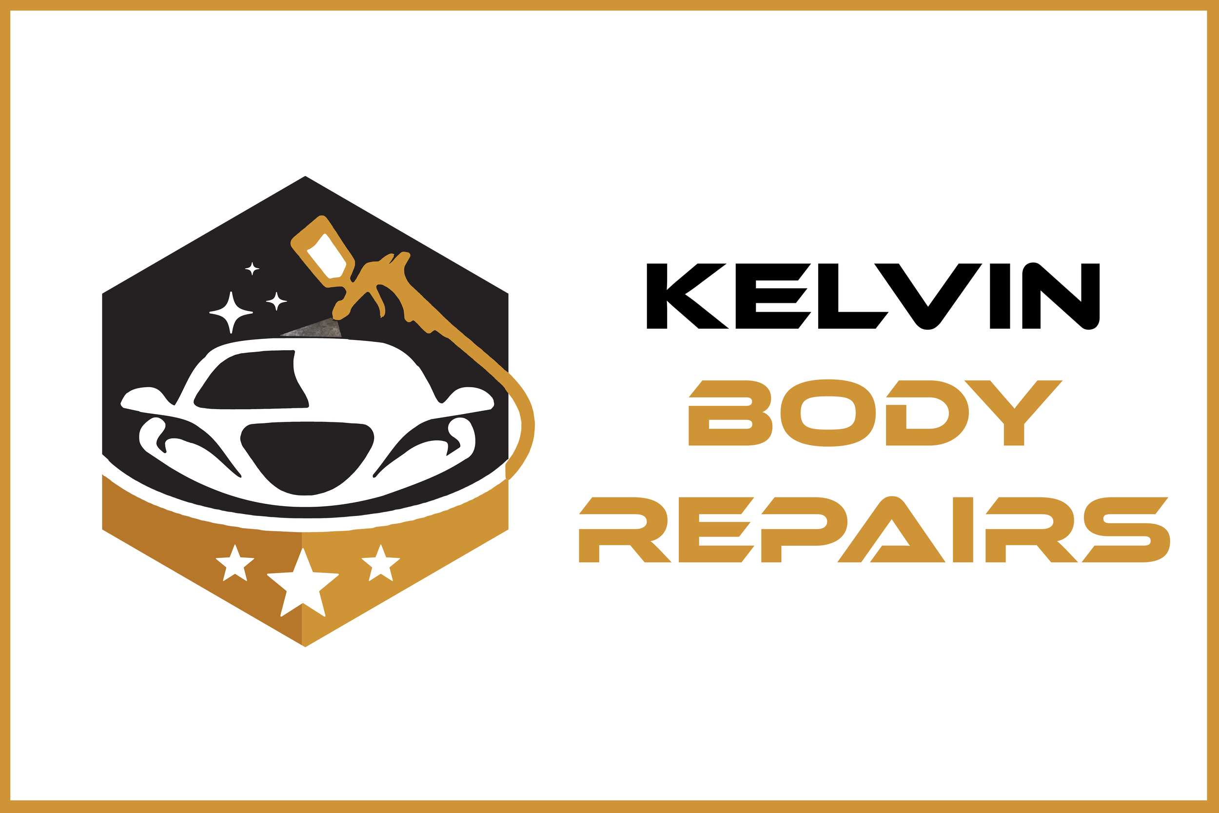 Logo for Kelvin Body Repairs featuring a shield with stars, a car, and a waxing or polishing tool.