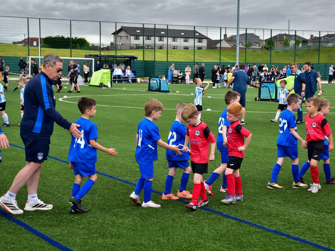 Young boys playing soccer and shaking hands on a field with coaches and spectators around.