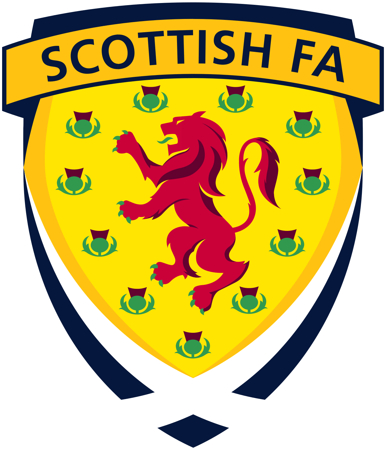 Scottish FA logo with a red lion rampant on a yellow shield, surrounded by green thistles, and a black and yellow banner with the text 'SCOTTISH FA' at the top.