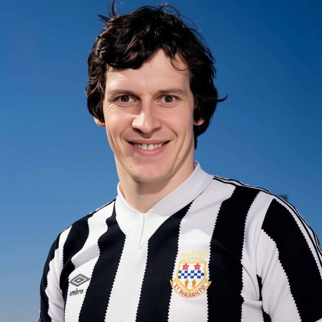 A young man with dark hair smiling, wearing a black and white striped soccer jersey with the Croatian football federation crest and an Umbro logo, against a blue background.