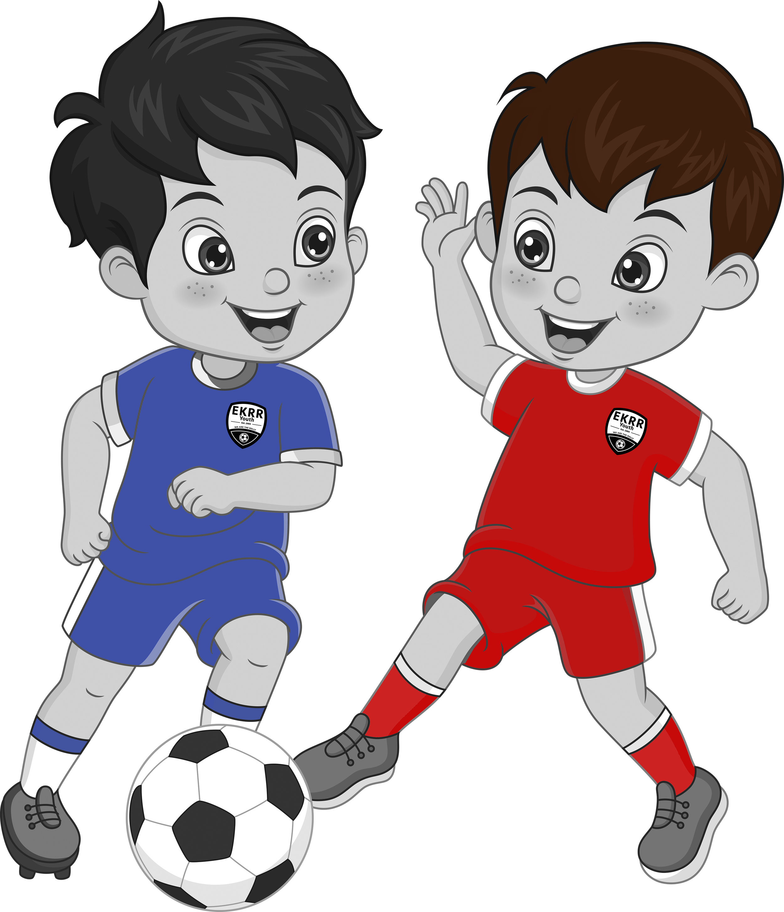 Two animated boys playing soccer, one with black hair in a blue jersey and the other with brown hair in a red jersey, both smiling and standing on a soccer ball.