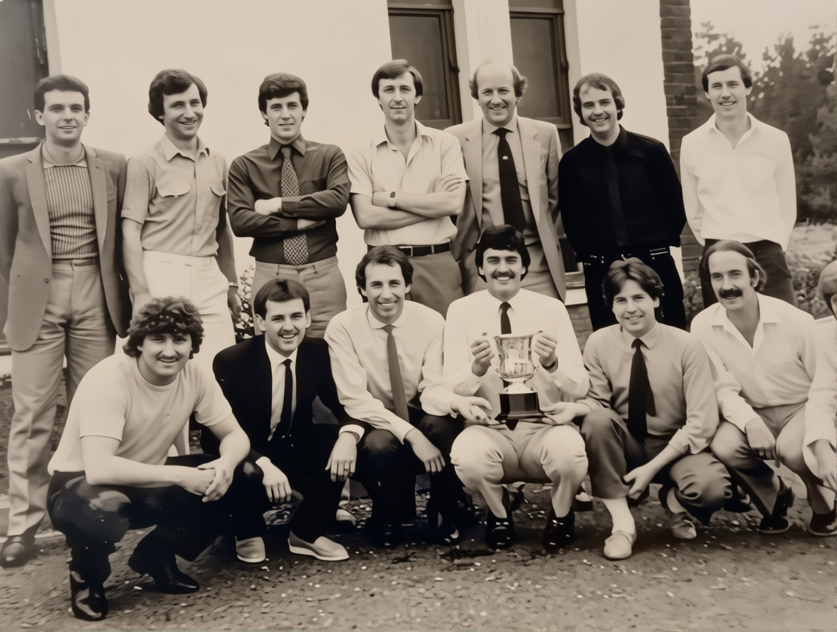 A group of fifteen men, dressed in semi-formal attire, posing outdoors in front of a building with windows. They are smiling, with some kneeling in front and others standing behind. One man in the front center holds a trophy cup, indicating a celebration or achievement.