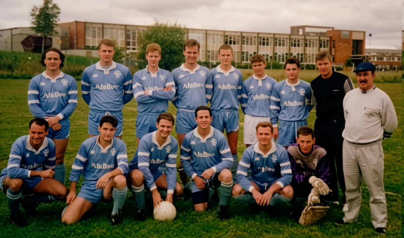 A soccer team in light blue uniforms posing outdoors on a grassy field, with two coaches or staff members in black and white attire standing on the right, in front of a school or building.