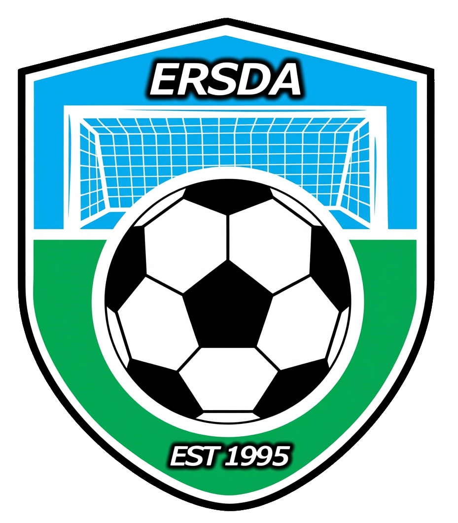 A sports crest logo featuring a black and white soccer ball, a soccer goal, and the text 'ERSDA' and 'EST 1995' on a shield-shaped background with blue and green sections.