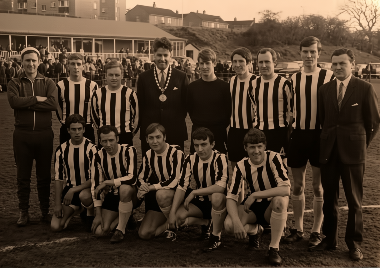 A vintage black-and-white photograph of a soccer team posing on the field, with a coach in a suit and medal, and a crowd and buildings in the background.