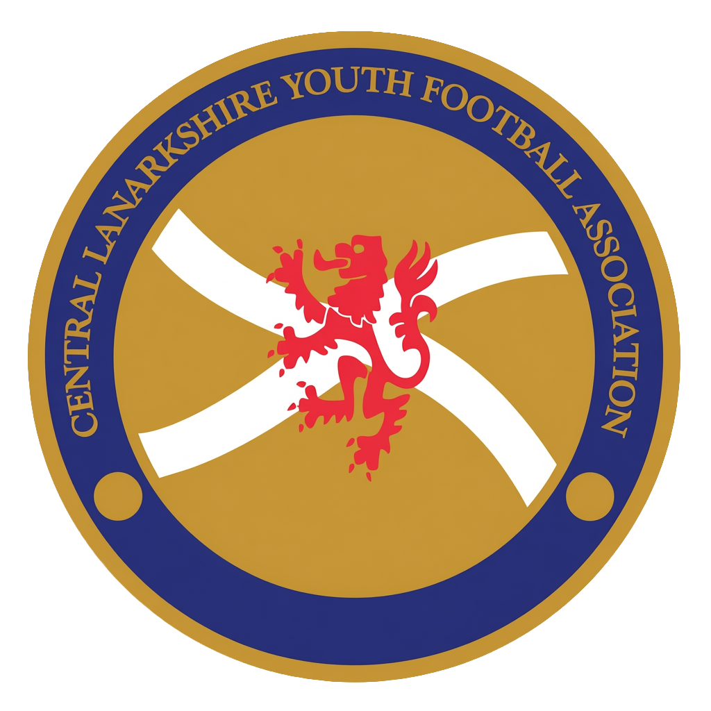 Logo of the Central Lanarkshire Youth Football Association featuring a red lion crest in the center, a background of a white diagonal cross, and a circular blue border with gold edges and text.