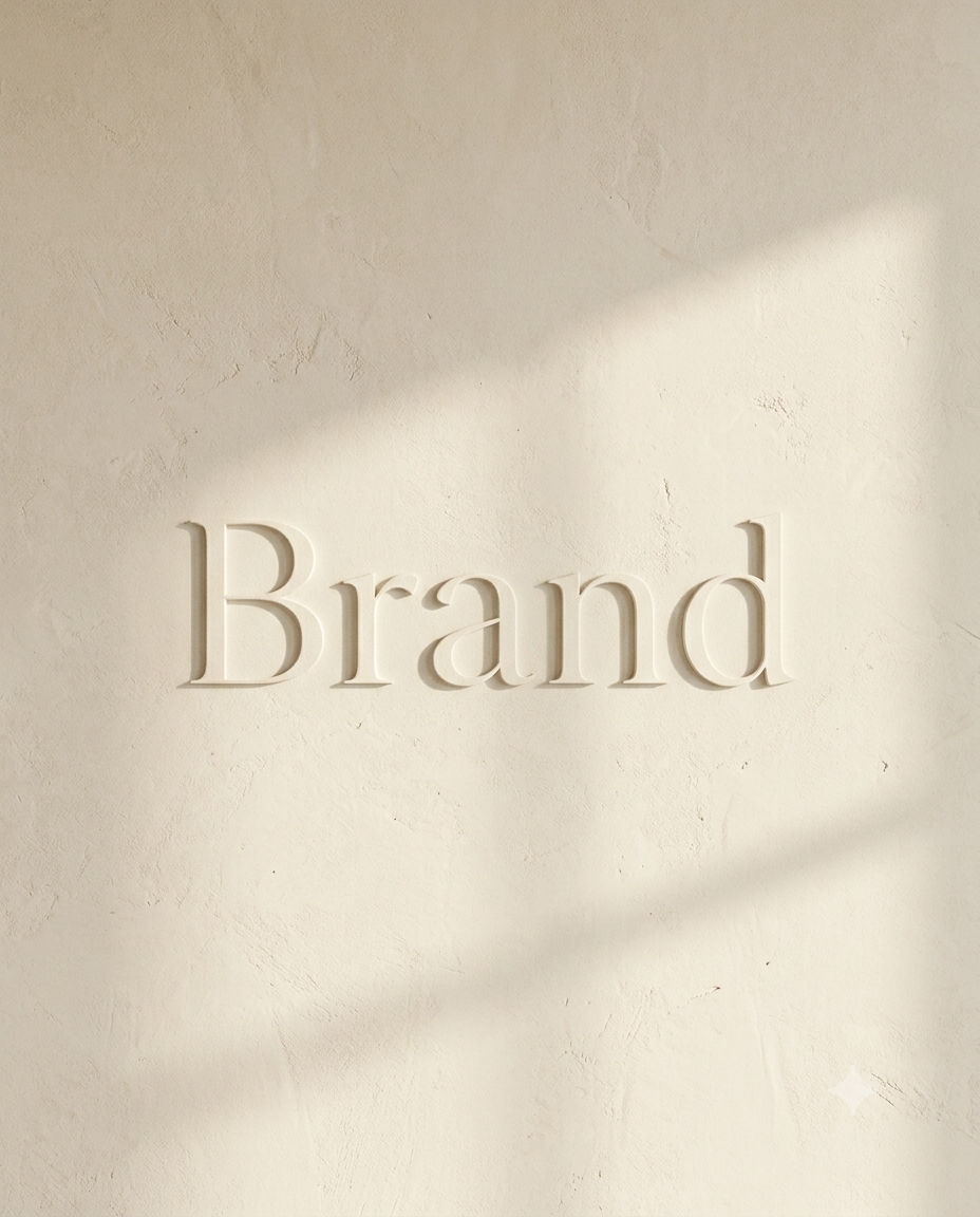 A textured beige wall with the word "Brand" carved into it.