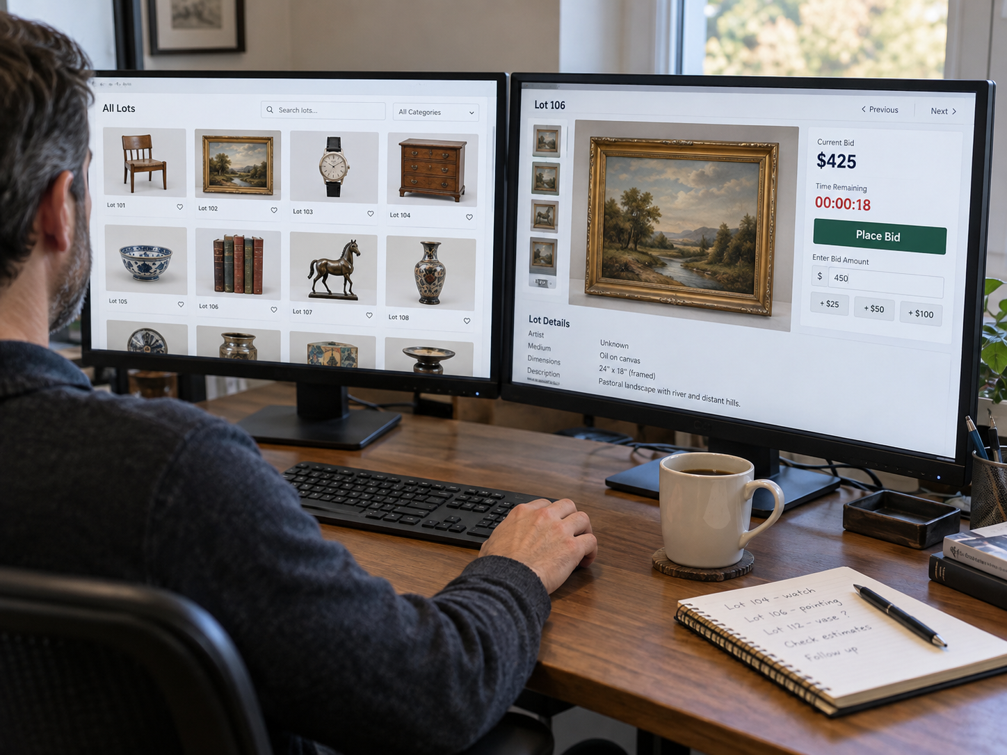A person bidding on art pieces via online auction on dual computer monitors. The left screen displays various auction lots, including art, antique items, and collectibles. The right screen highlights a landscape painting with current bid and bidding options, and a mug of coffee on the wooden desk.