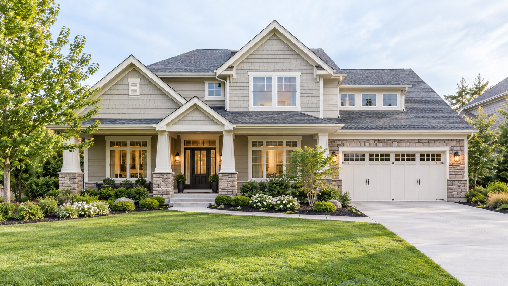 Front view of a two-story modern house with a landscaped lawn, white garage door, stone accents, and a welcoming front porch.