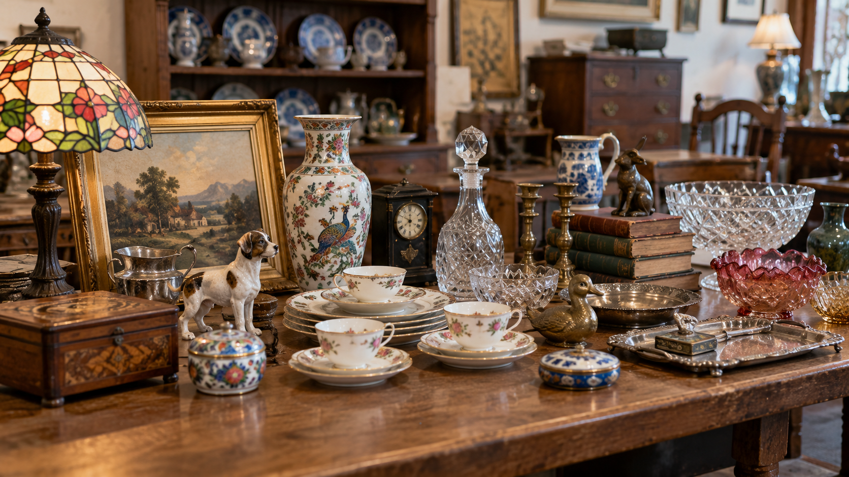A wooden table displaying various antique decorative items, including porcelain teacups and saucers, crystal and colored glass bowls, vintage books, a dog figurine, a small clock, and brass candlesticks. In the background, there are wooden cabinets with china and a framed landscape painting, all in a cozy, rustic room with warm lighting.