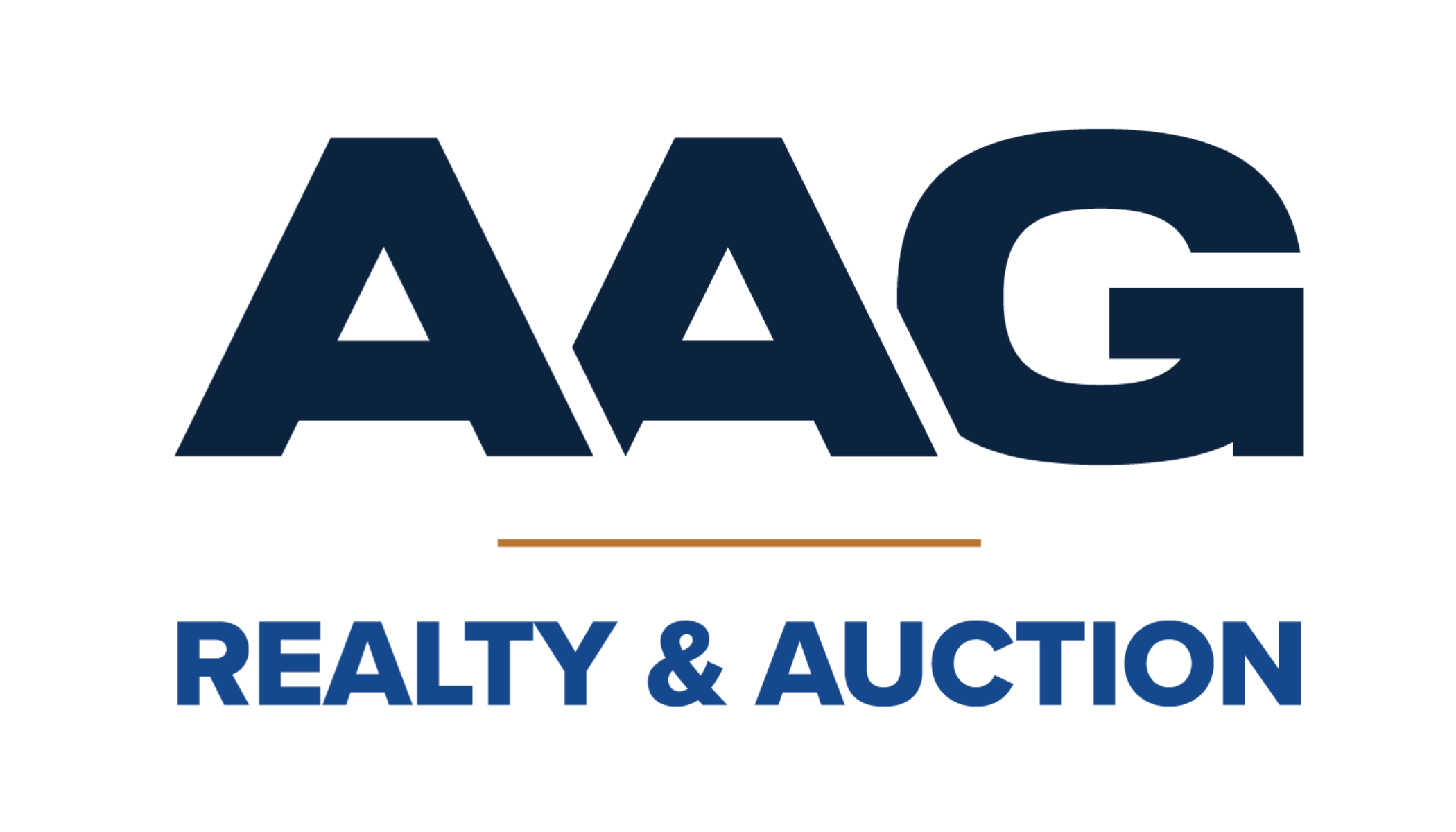 Logo for AAA Reality & Auction, featuring the AAA initials in bold navy blue, with the words "Realty & Auction" underneath in smaller blue font, and a thin gold line between the initials and the text.
