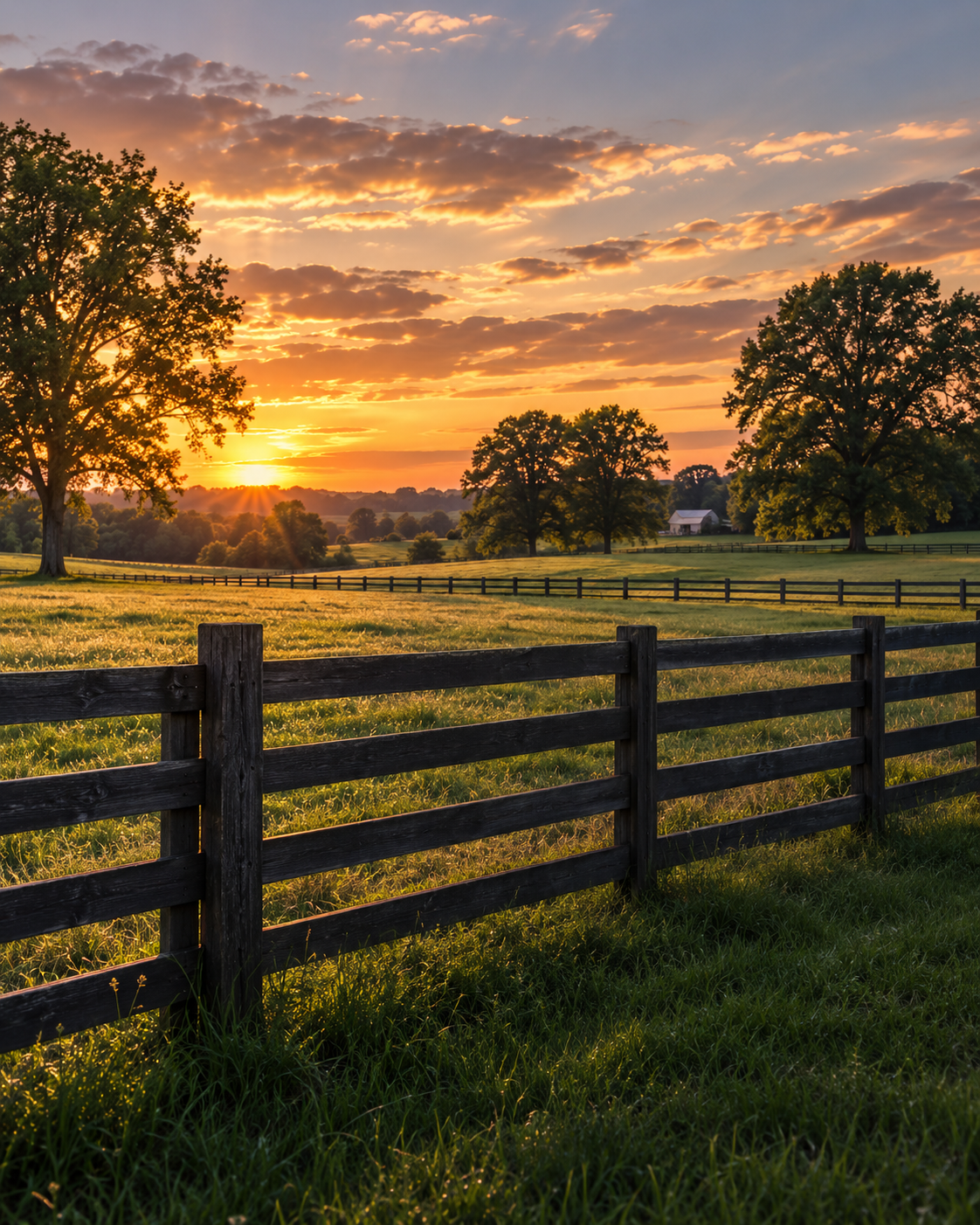 Sunset over a green pasture with trees and a wooden fence in the foreground.