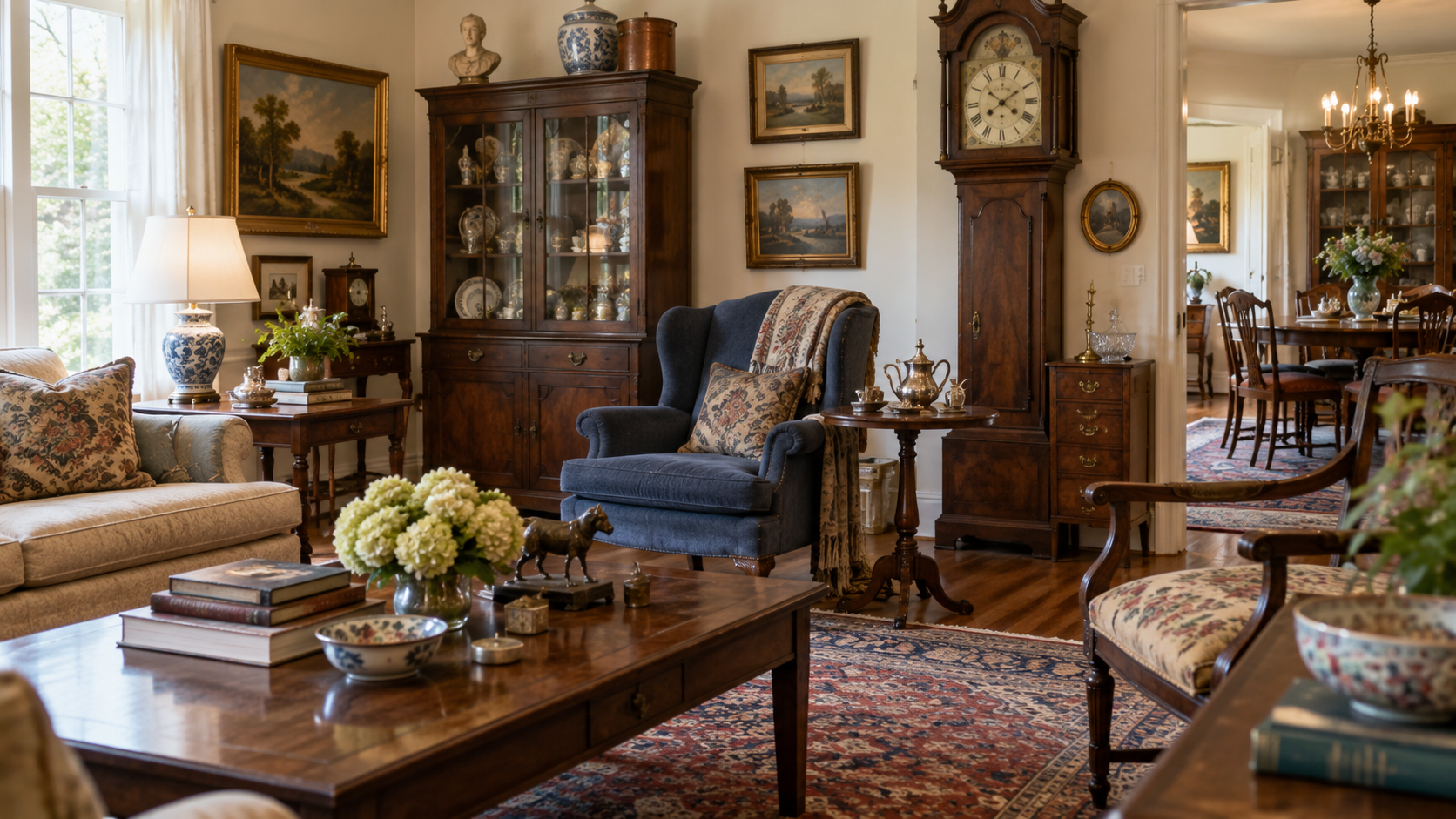 A cozy, traditional living room with vintage furniture, framed landscape paintings, a glass cabinet filled with china, a grandfather clock, a floral rug, and a wooden coffee table decorated with flowers, books, and ornaments.