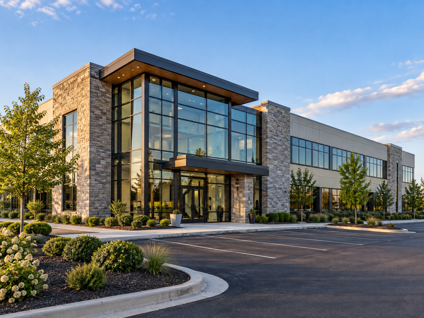 Modern office building with large glass windows and stone accents, surrounded by landscaped trees and plants, under a blue sky.