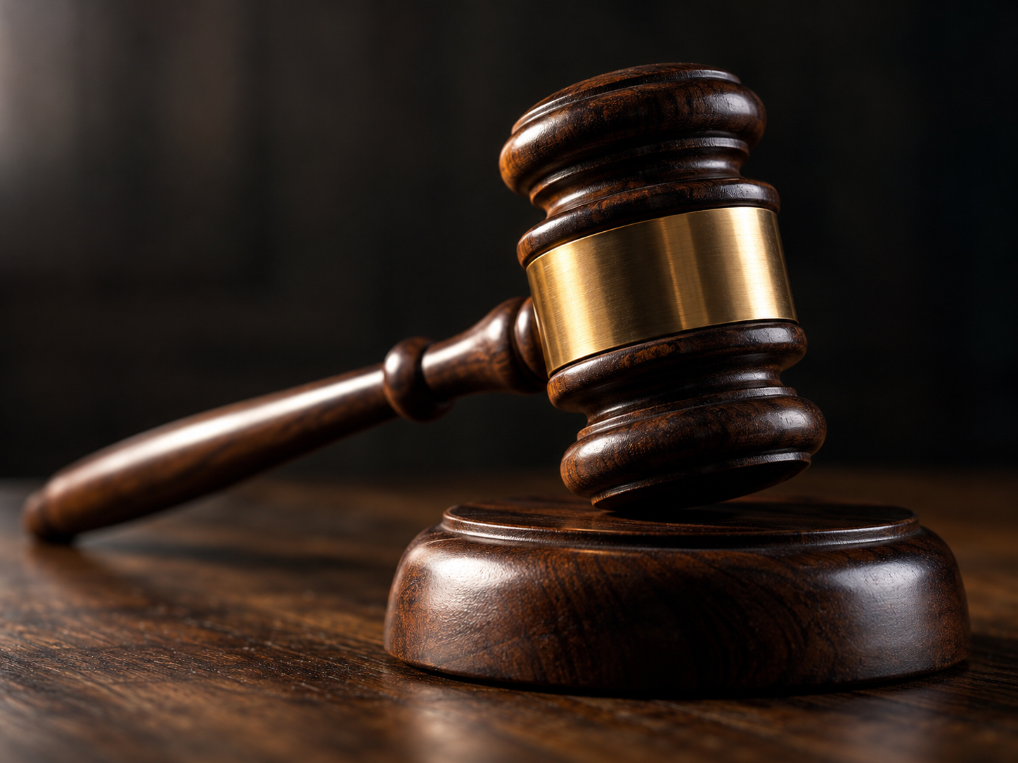 A wooden judge's gavel resting on a sound block, with a dark background.