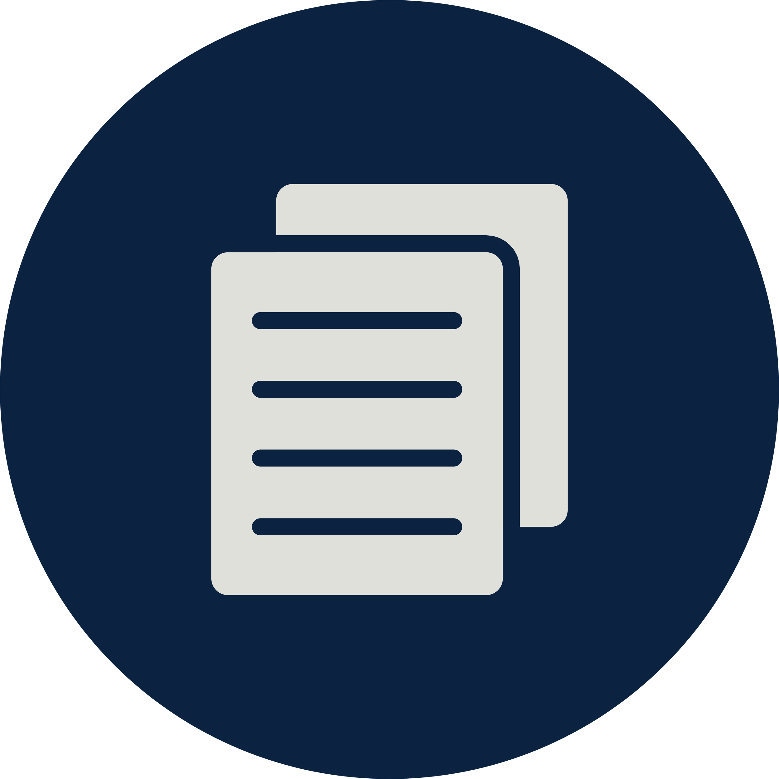 A circular icon with a dark blue background featuring a white paper or document symbol in the center.