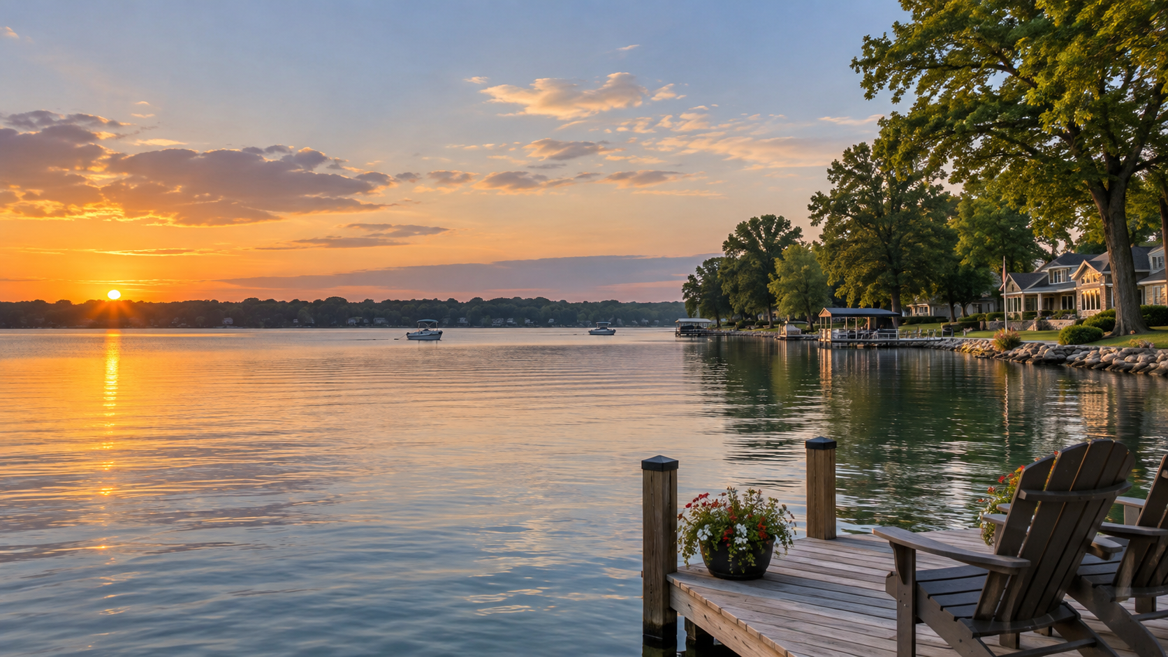 Sunset over a lakeside neighborhood with boats on the water, trees, and houses with docks, viewed from a wooden deck with chairs and a flower pot.