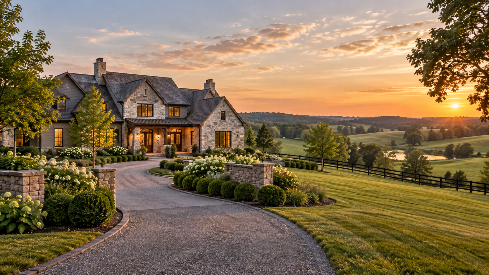 A large stone and wood house is shown at sunset, with a well-maintained driveway, lush green lawn, and landscaped gardens. Rolling hills and a pond are visible in the background.