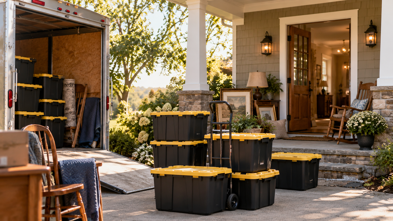 Moving boxes and a dolly outside a house with a porch, plants, and furniture, preparing for a move.