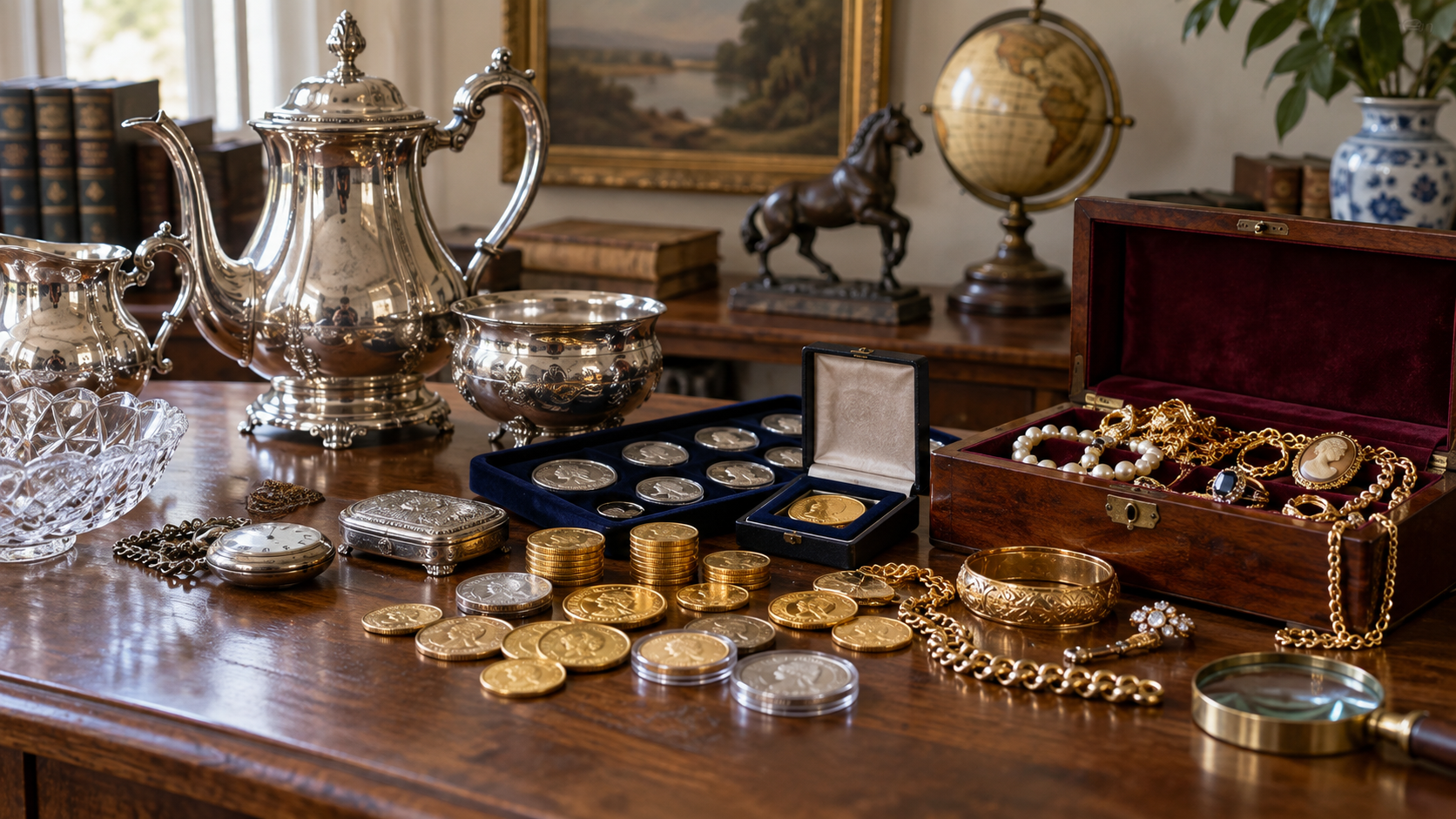 A collection of vintage silverware, coins, jewelry, and collectibles on a wooden table, with books, a globe, and a painting in the background.