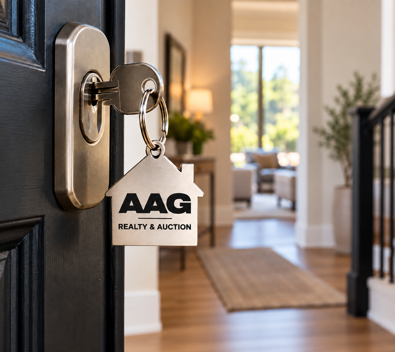 Close-up of a black front door with a metallic house-shaped keychain labeled "AAG Realty & Auction" hanging on a silver lock, with a living room visible in the background featuring large windows, furniture, and greenery.