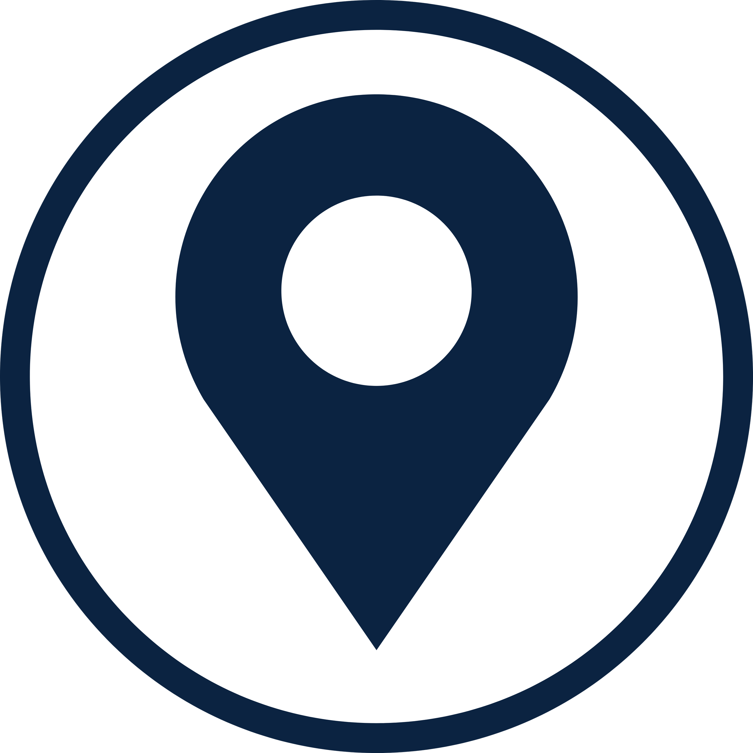 A stylized circular target symbol with concentric rings in dark blue and white, and a downward-pointing teardrop shape at the bottom center.
